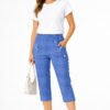 Women's Cropped Trousers with Elasticated Waist – Denim | Soft Stretch Capri 3/4 Summer Pants with Pockets