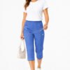 Women's Cropped Trousers with Elasticated Waist – Denim | Soft Stretch Capri 3/4 Summer Pants with Pockets