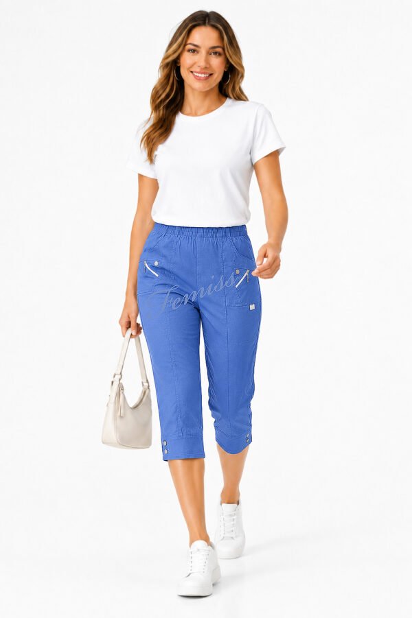 Women's Cropped Trousers with Elasticated Waist – Denim | Soft Stretch Capri 3/4 Summer Pants with Pockets