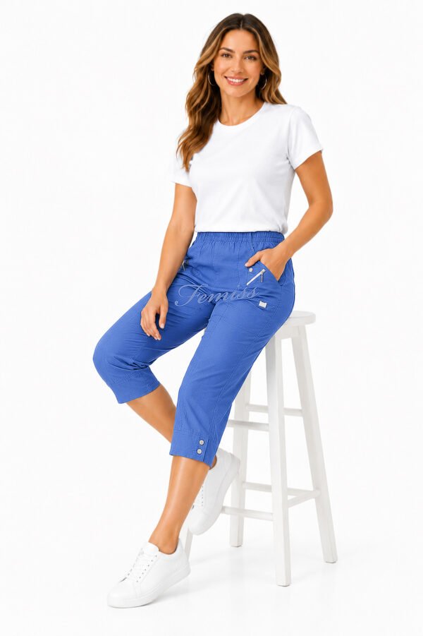 Women's Cropped Trousers with Elasticated Waist – Denim | Soft Stretch Capri 3/4 Summer Pants with Pockets
