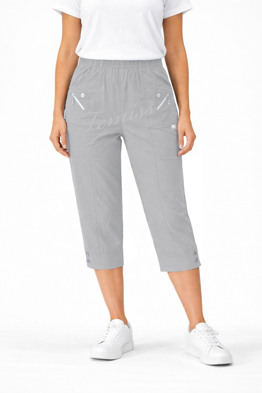 Women's Cropped Trousers with Elasticated Waist – Grey | Soft Stretch Capri 3/4 Summer Pants with Pockets
