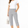 Women's Cropped Trousers with Elasticated Waist – Grey | Soft Stretch Capri 3/4 Summer Pants with Pockets