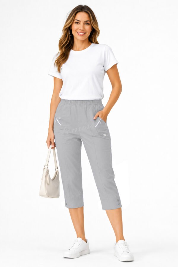 Women's Cropped Trousers with Elasticated Waist – Grey | Soft Stretch Capri 3/4 Summer Pants with Pockets