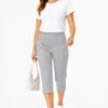 Women's Cropped Trousers with Elasticated Waist – Grey | Soft Stretch Capri 3/4 Summer Pants with Pockets