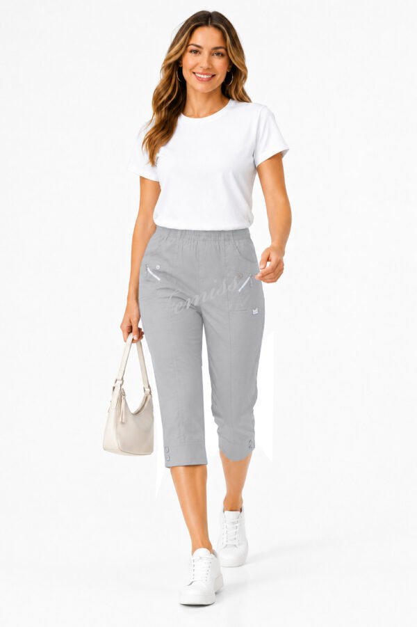 Women's Cropped Trousers with Elasticated Waist – Grey | Soft Stretch Capri 3/4 Summer Pants with Pockets