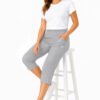 Women's Cropped Trousers with Elasticated Waist – Grey | Soft Stretch Capri 3/4 Summer Pants with Pockets