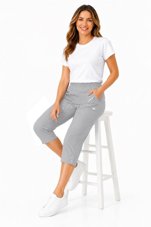 Women's Cropped Trousers with Elasticated Waist – Grey | Soft Stretch Capri 3/4 Summer Pants with Pockets