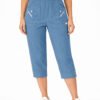 Women's Cropped Trousers with Elasticated Waist – Indigo | Soft Stretch Capri 3/4 Summer Pants with Pockets