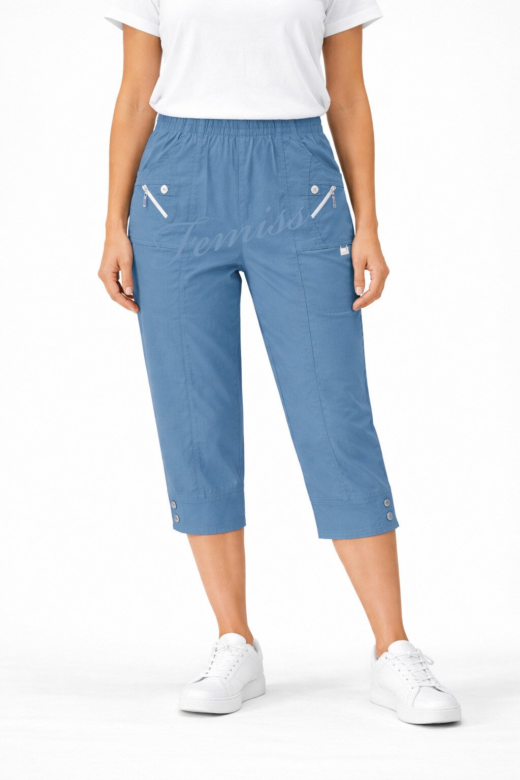 Women's Cropped Trousers with Elasticated Waist – Indigo | Soft Stretch Capri 3/4 Summer Pants with Pockets