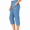 Women's Cropped Trousers with Elasticated Waist – Indigo | Soft Stretch Capri 3/4 Summer Pants with Pockets