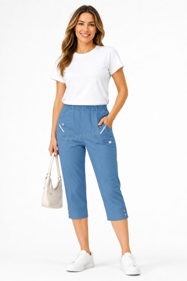 Women's Cropped Trousers with Elasticated Waist – Indigo | Soft Stretch Capri 3/4 Summer Pants with Pockets