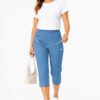 Women's Cropped Trousers with Elasticated Waist – Indigo | Soft Stretch Capri 3/4 Summer Pants with Pockets