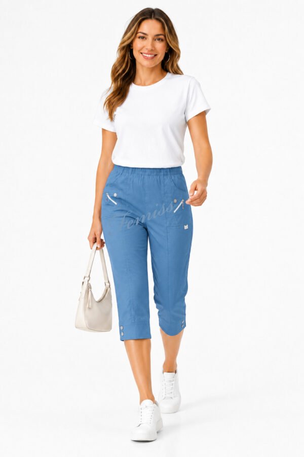 Women's Cropped Trousers with Elasticated Waist – Indigo | Soft Stretch Capri 3/4 Summer Pants with Pockets