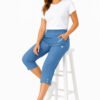 Women's Cropped Trousers with Elasticated Waist – Indigo | Soft Stretch Capri 3/4 Summer Pants with Pockets