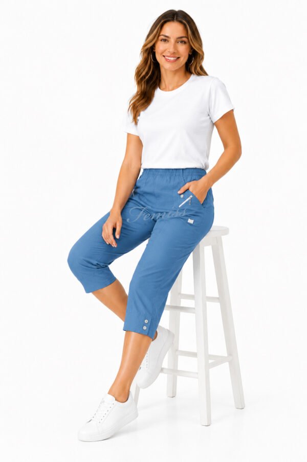 Women's Cropped Trousers with Elasticated Waist – Indigo | Soft Stretch Capri 3/4 Summer Pants with Pockets