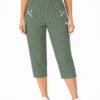 Women's Cropped Trousers with Elasticated Waist – Khaki | Soft Stretch Capri 3/4 Summer Pants with Pockets