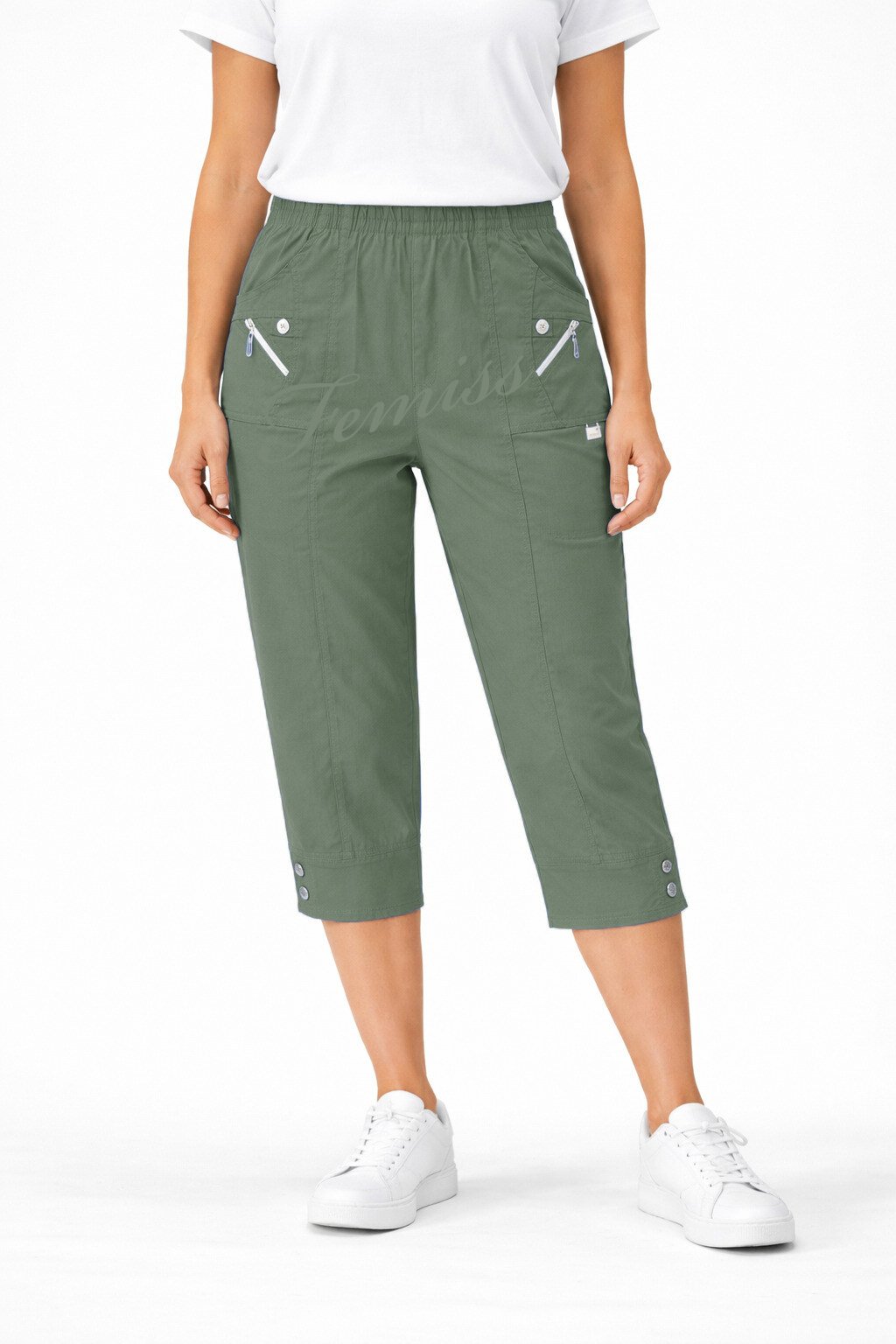 Women's Cropped Trousers with Elasticated Waist – Khaki | Soft Stretch Capri 3/4 Summer Pants with Pockets