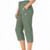 Women's Cropped Trousers with Elasticated Waist – Khaki | Soft Stretch Capri 3/4 Summer Pants with Pockets
