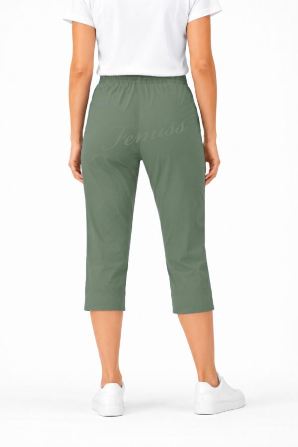 Women's Cropped Trousers with Elasticated Waist – Khaki | Soft Stretch Capri 3/4 Summer Pants with Pockets