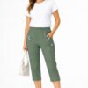 Women's Cropped Trousers with Elasticated Waist – Khaki | Soft Stretch Capri 3/4 Summer Pants with Pockets