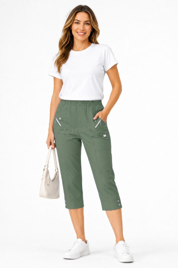 Women's Cropped Trousers with Elasticated Waist – Khaki | Soft Stretch Capri 3/4 Summer Pants with Pockets