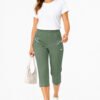 Women's Cropped Trousers with Elasticated Waist – Khaki | Soft Stretch Capri 3/4 Summer Pants with Pockets