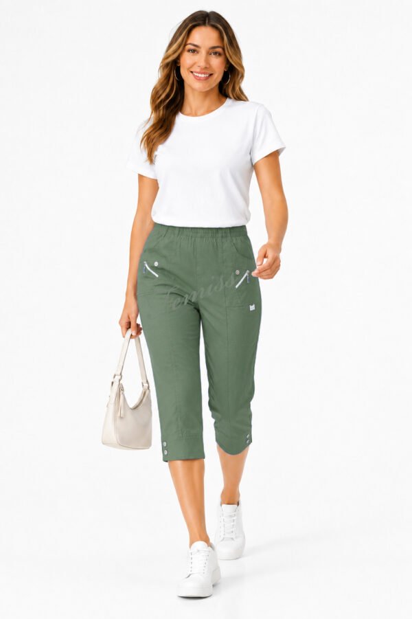 Women's Cropped Trousers with Elasticated Waist – Khaki | Soft Stretch Capri 3/4 Summer Pants with Pockets