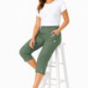 Women's Cropped Trousers with Elasticated Waist – Khaki | Soft Stretch Capri 3/4 Summer Pants with Pockets