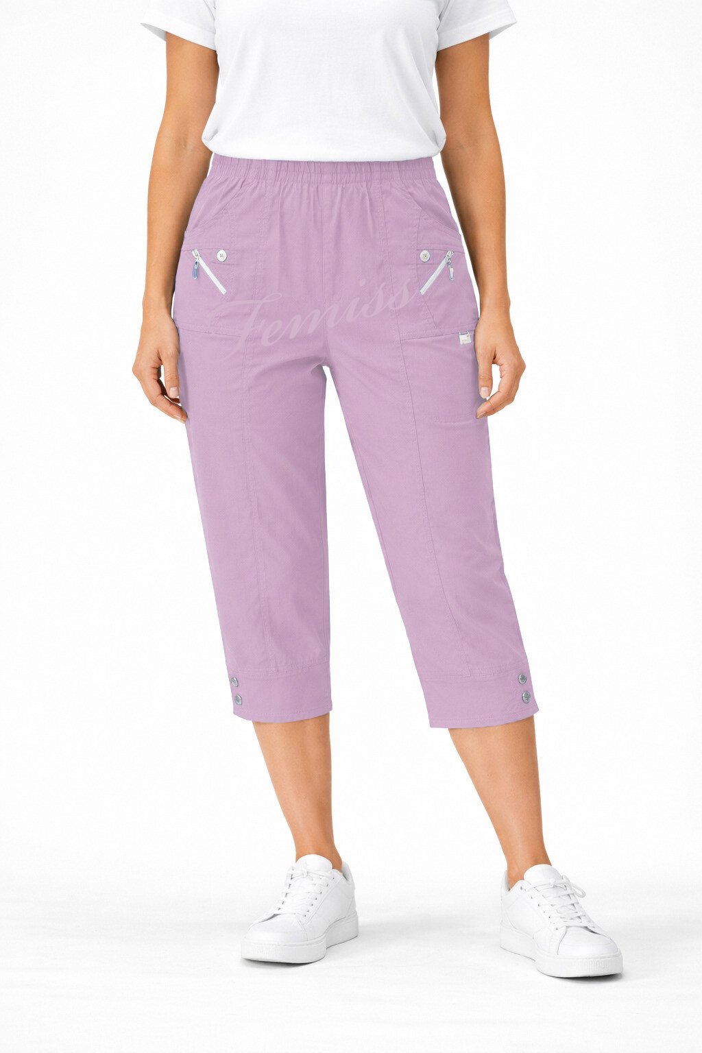 Women's Cropped Trousers with Elasticated Waist – Lilac | Soft Stretch Capri 3/4 Summer Pants with Pockets