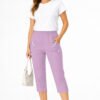 Women's Cropped Trousers with Elasticated Waist – Lilac | Soft Stretch Capri 3/4 Summer Pants with Pockets