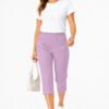 Women's Cropped Trousers with Elasticated Waist – Lilac | Soft Stretch Capri 3/4 Summer Pants with Pockets