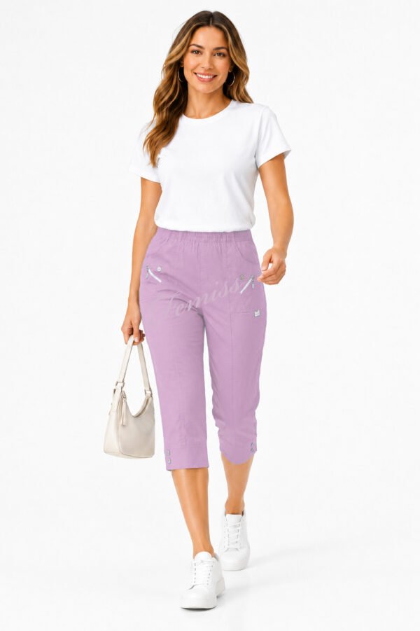 Women's Cropped Trousers with Elasticated Waist – Lilac | Soft Stretch Capri 3/4 Summer Pants with Pockets