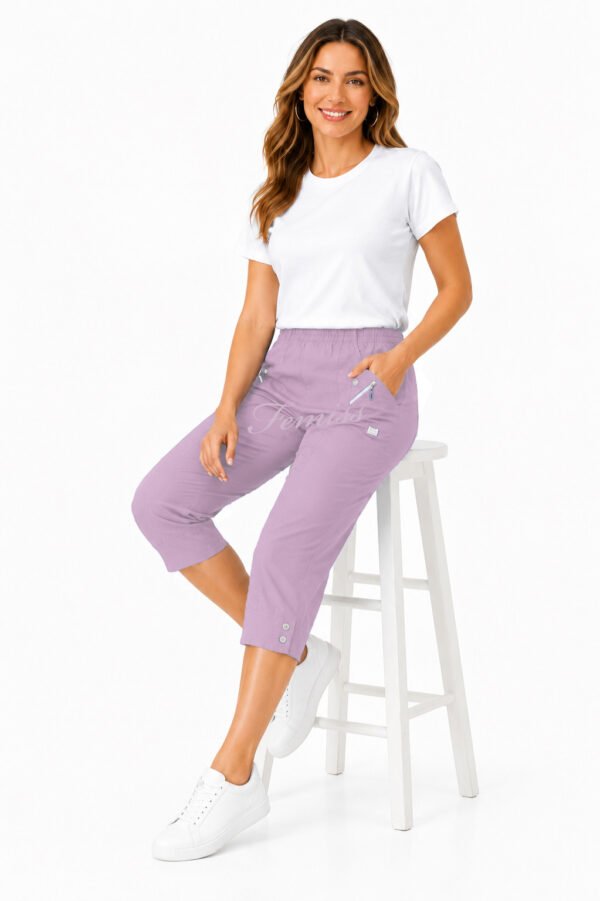 Women's Cropped Trousers with Elasticated Waist – Lilac | Soft Stretch Capri 3/4 Summer Pants with Pockets