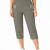 Women's Cropped Trousers with Elasticated Waist – Mocha | Soft Stretch Capri 3/4 Summer Pants with Pockets
