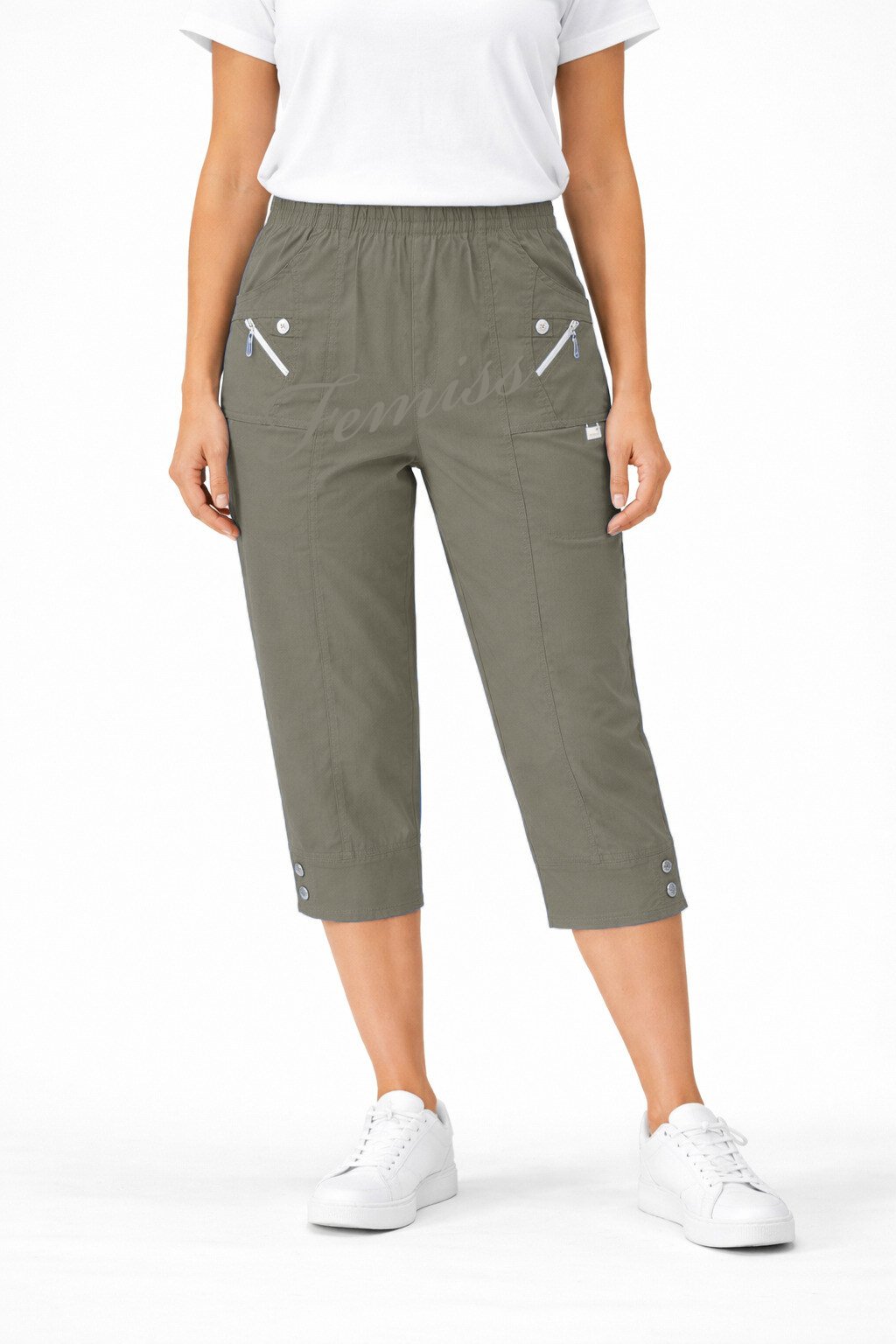 Women's Cropped Trousers with Elasticated Waist – Mocha | Soft Stretch Capri 3/4 Summer Pants with Pockets