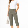 Women's Cropped Trousers with Elasticated Waist – Mocha | Soft Stretch Capri 3/4 Summer Pants with Pockets