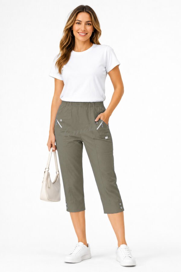 Women's Cropped Trousers with Elasticated Waist – Mocha | Soft Stretch Capri 3/4 Summer Pants with Pockets