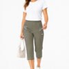 Women's Cropped Trousers with Elasticated Waist – Mocha | Soft Stretch Capri 3/4 Summer Pants with Pockets