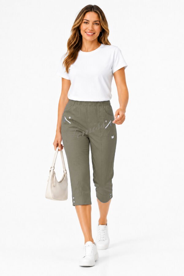 Women's Cropped Trousers with Elasticated Waist – Mocha | Soft Stretch Capri 3/4 Summer Pants with Pockets
