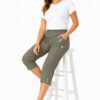 Women's Cropped Trousers with Elasticated Waist – Mocha | Soft Stretch Capri 3/4 Summer Pants with Pockets