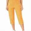 Women's Cropped Trousers with Elasticated Waist – Mustard | Soft Stretch Capri 3/4 Summer Pants with Pockets