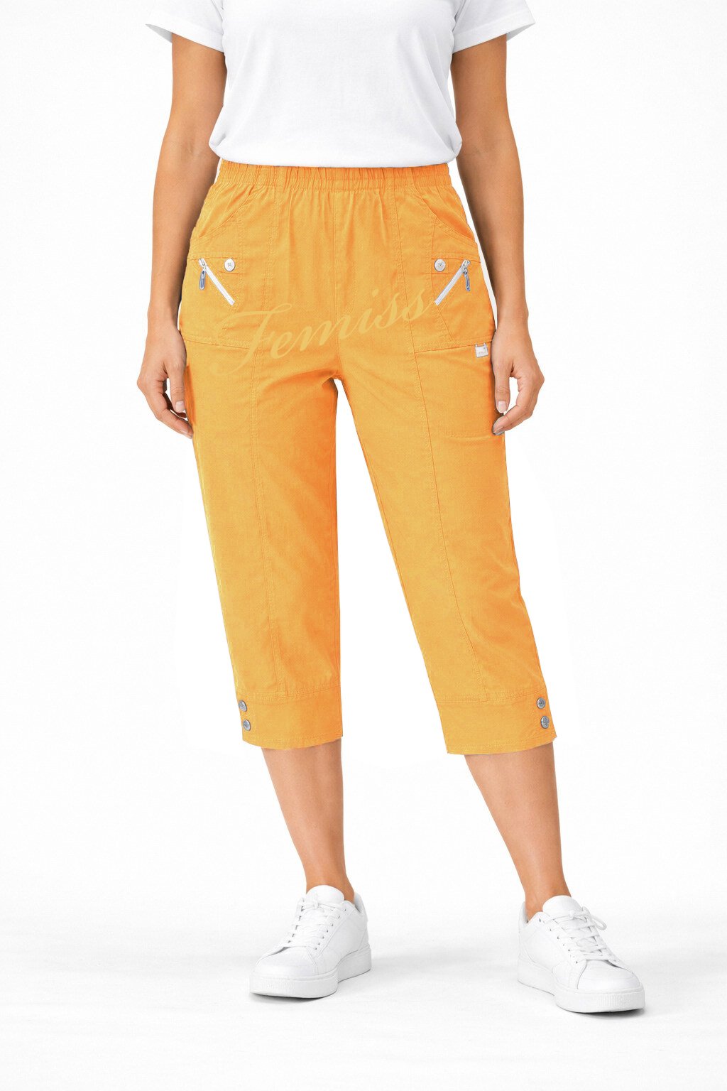 Women's Cropped Trousers with Elasticated Waist – Mustard | Soft Stretch Capri 3/4 Summer Pants with Pockets