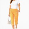 Women's Cropped Trousers with Elasticated Waist – Mustard | Soft Stretch Capri 3/4 Summer Pants with Pockets