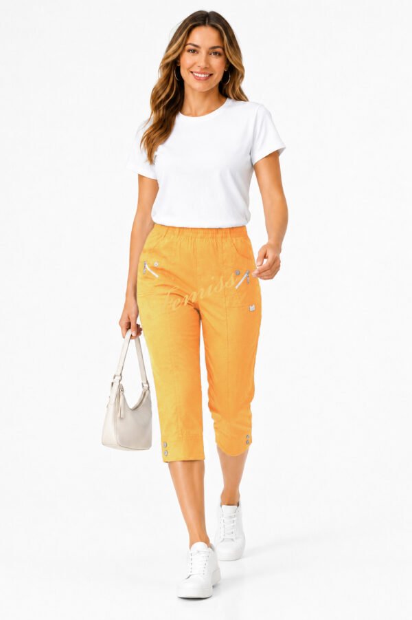 Women's Cropped Trousers with Elasticated Waist – Mustard | Soft Stretch Capri 3/4 Summer Pants with Pockets