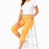 Women's Cropped Trousers with Elasticated Waist – Mustard | Soft Stretch Capri 3/4 Summer Pants with Pockets
