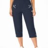 Women's Cropped Trousers with Elasticated Waist – Navy Blue | Soft Stretch Capri 3/4 Summer Pants with Pockets