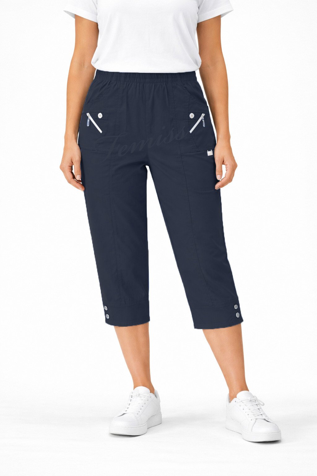 Women's Cropped Trousers with Elasticated Waist – Navy Blue | Soft Stretch Capri 3/4 Summer Pants with Pockets