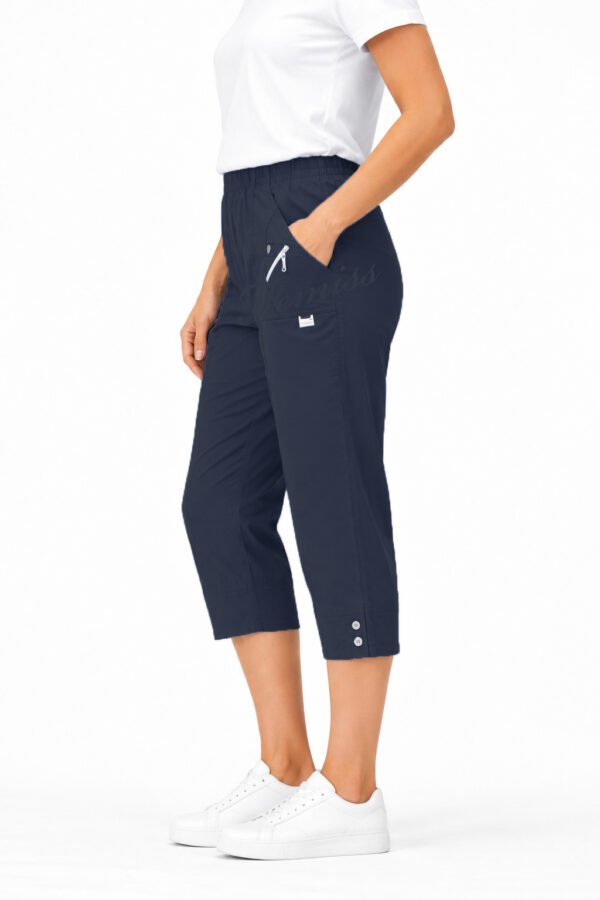 Women's Cropped Trousers with Elasticated Waist – Navy Blue | Soft Stretch Capri 3/4 Summer Pants with Pockets