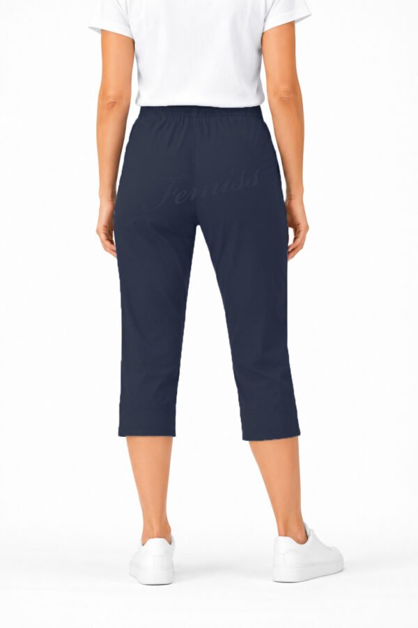 Women's Cropped Trousers with Elasticated Waist – Navy Blue | Soft Stretch Capri 3/4 Summer Pants with Pockets
