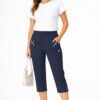 Women's Cropped Trousers with Elasticated Waist – Navy Blue | Soft Stretch Capri 3/4 Summer Pants with Pockets